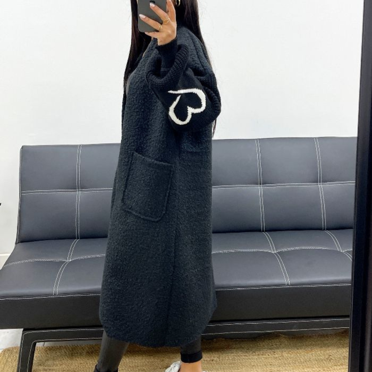 Manteau Long Bi-Matière à Motifs Cœur